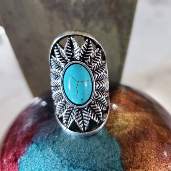 Silver Tone & Turquoise Stone Stretch Band Ring 💥3 for $24💥 - Picture 15 of 17